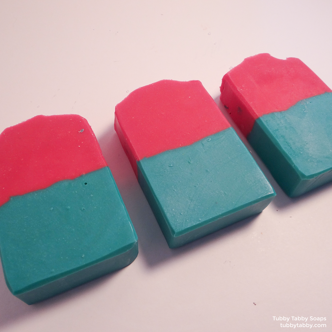 Pink and teal artisanal handmade soap (small batch cold process soap) by Tubby Tabby Soaps in Ottawa