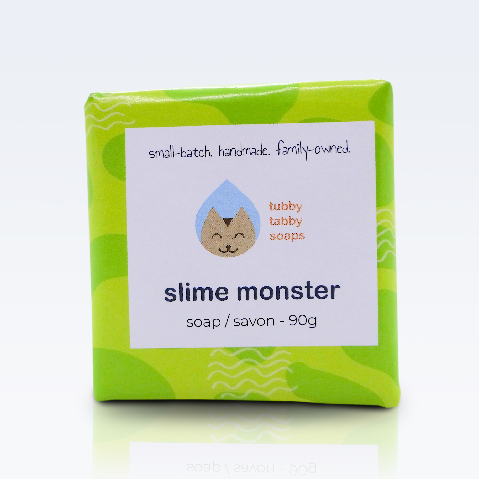 Slime Monster handmade kids soap by Tubby Tabby Soaps (monkey farts fragrance, swirled soap with googly eyes on top)
