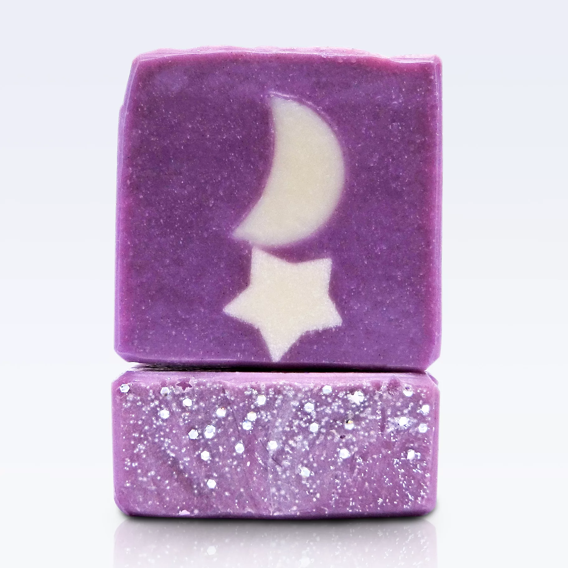 Galactic Grape handmade kids soap by Tubby Tabby Soaps (grape bubblegum fragrance with star and moon silhouettes and glitter)