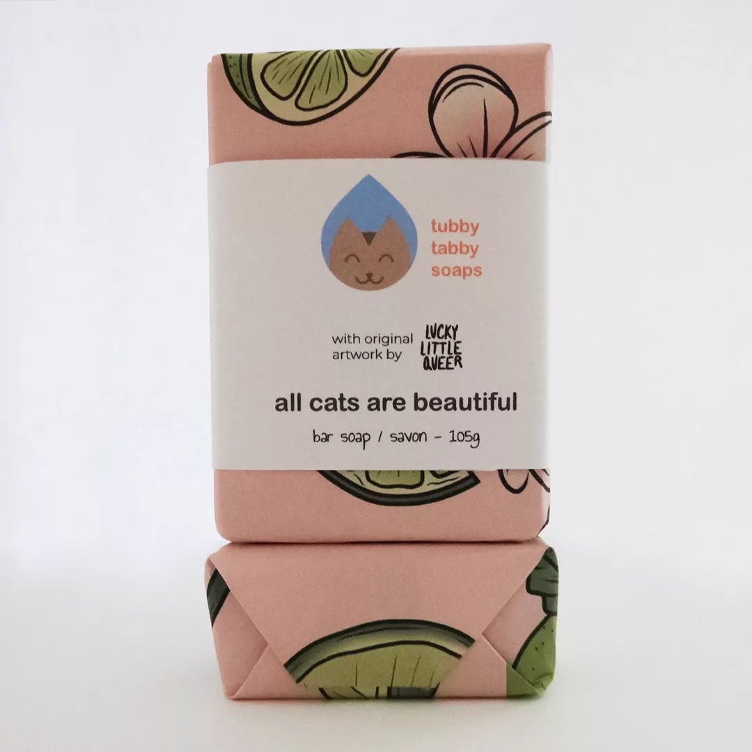 All Cats Are Beautiful (ACAB) handmade soap with key lime scent (featuring original artwork by Lucky Little Queer aka KJ Forman) by Tubby Tabby Soaps