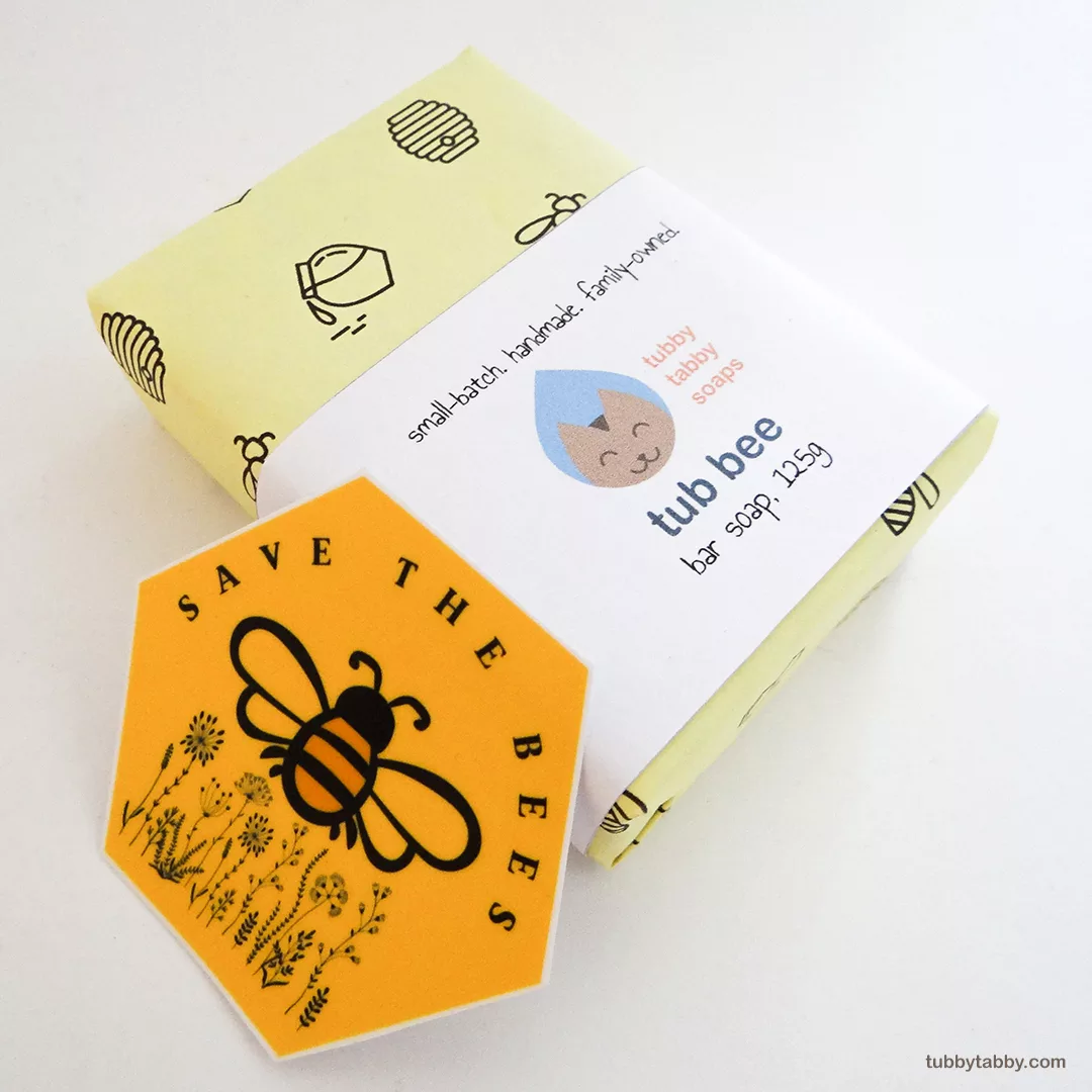 Tub Bee handmade soap with Save the Bees sticker from Tubby Tabby Soaps