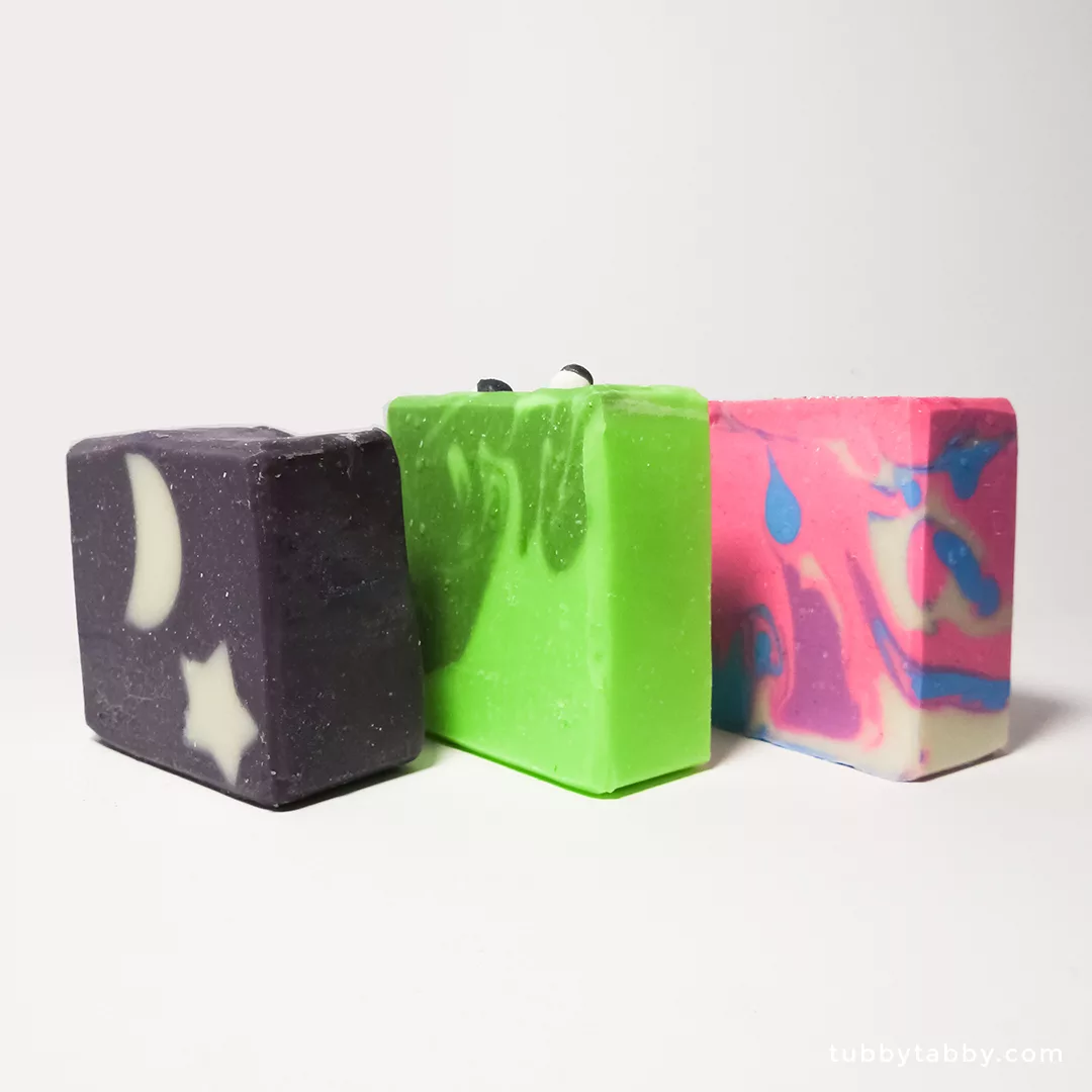 Kids' Pack handmade soap (Galactic Grape, Slime Monster, Unicorn Poop) by Tubby Tabby Soaps
