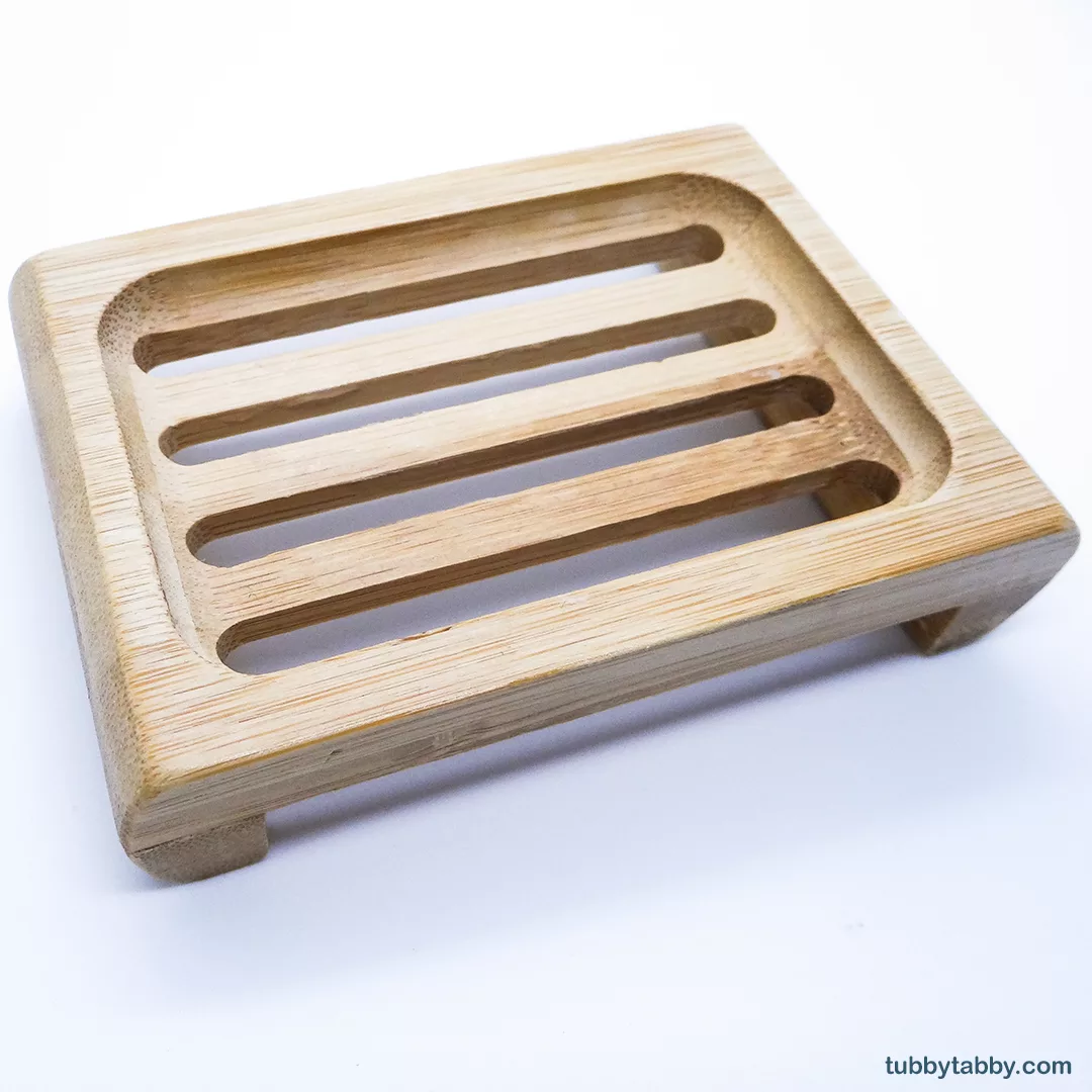 Wooden bamboo soap dish with drainage on Tubby Tabby Soaps