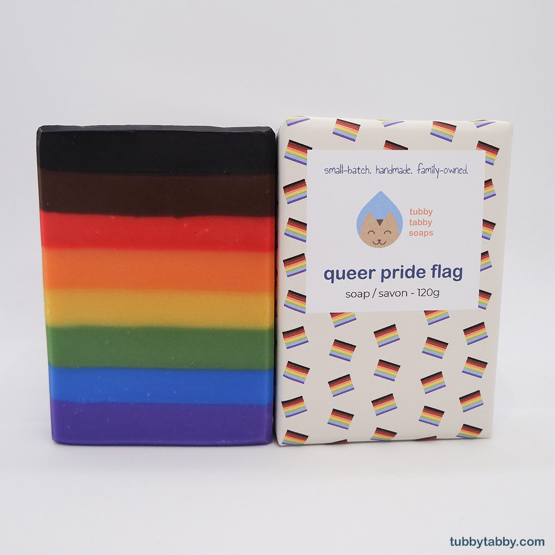 Rainbow Queer Pride Flag soap by Tubby Tabby Soaps (wrapped and unwrapped together)