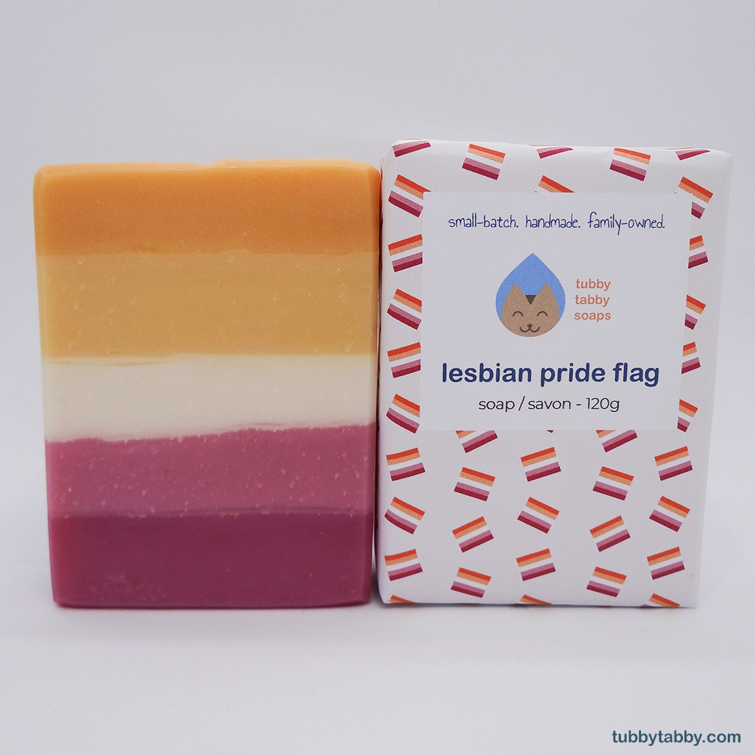Lesbian Pride Flag soap by Tubby Tabby Soaps (wrapped and unwrapped together)