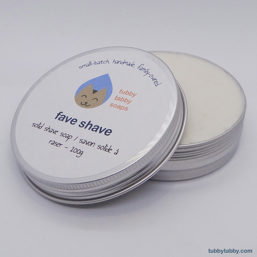 Fave Shave handmade shaving soap by Tubby Tabby Soaps (capped and uncapped zero waste tin)